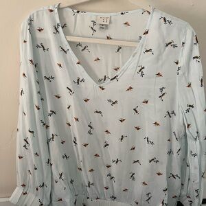 a new day Sky Blue Bird Print Blouse